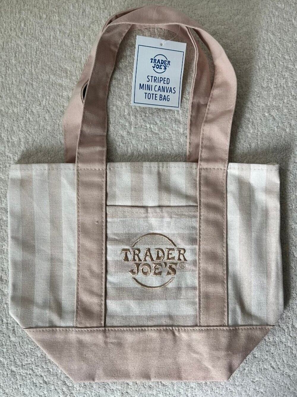 Trader Joe's Beige Striped Mini Canvas Tote Bag NWT